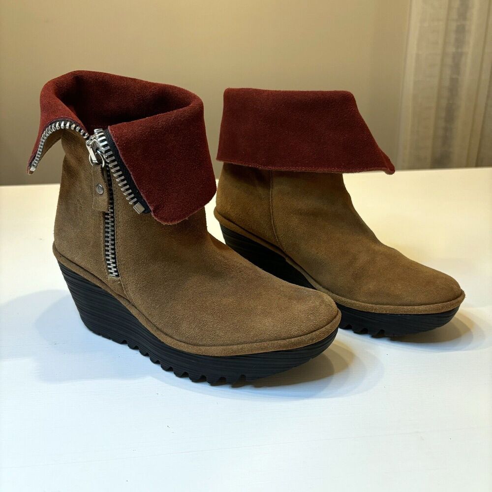Fly London Yex Leather Suede Fold‎ Over Wedge Boots Booties US Size 7.5